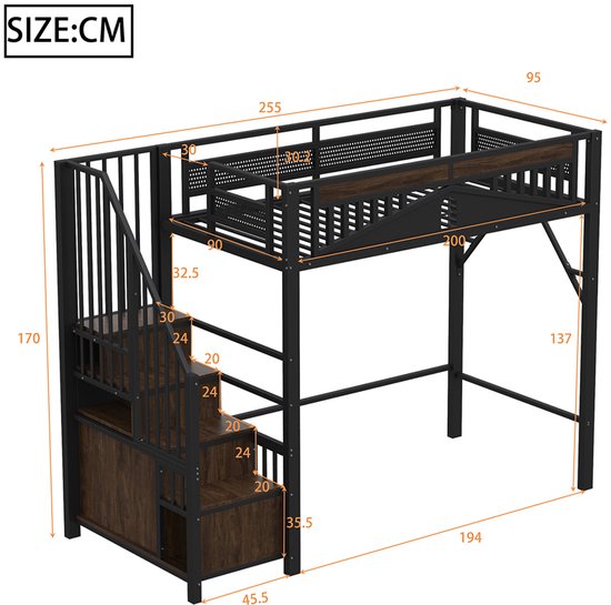 Lit mezzanine en métal Pugsdrly 90 x 200 cm, enceinte de sécurité unique avec fenêtre, échelle de sécurité avec armoire, noir