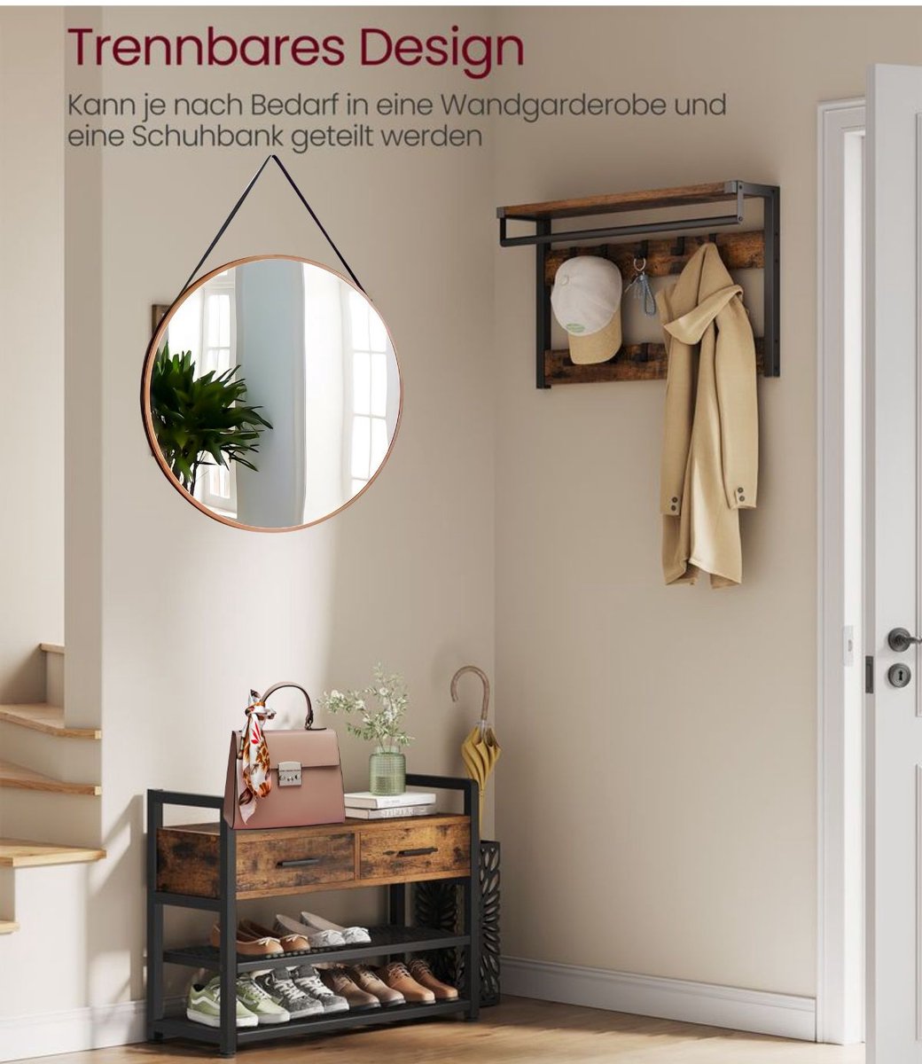Signature Home Karako Kapstok met schoenenbank - Garderoberek 10 haken - kledingrek - schoenenrek met 2 stoffen lades - 6 zijhaken - bruin inktzwart - 30 x 80,4 x 182 – foto 8