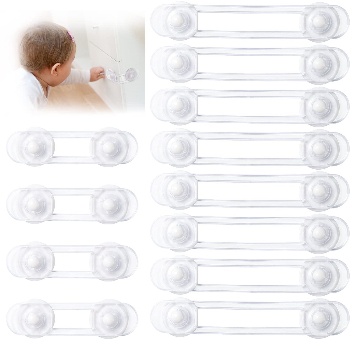 Image of 12-delige Kinderbeveiliging Set – Zelfklevende Lade- en Kastvergrendeling – Babyveilig Sluitingssysteem zonder Boren – ABS Veiligheidslotjes voor Keuken, Badkamer & Meubels – 8 Lange + 4 Korte Stuks