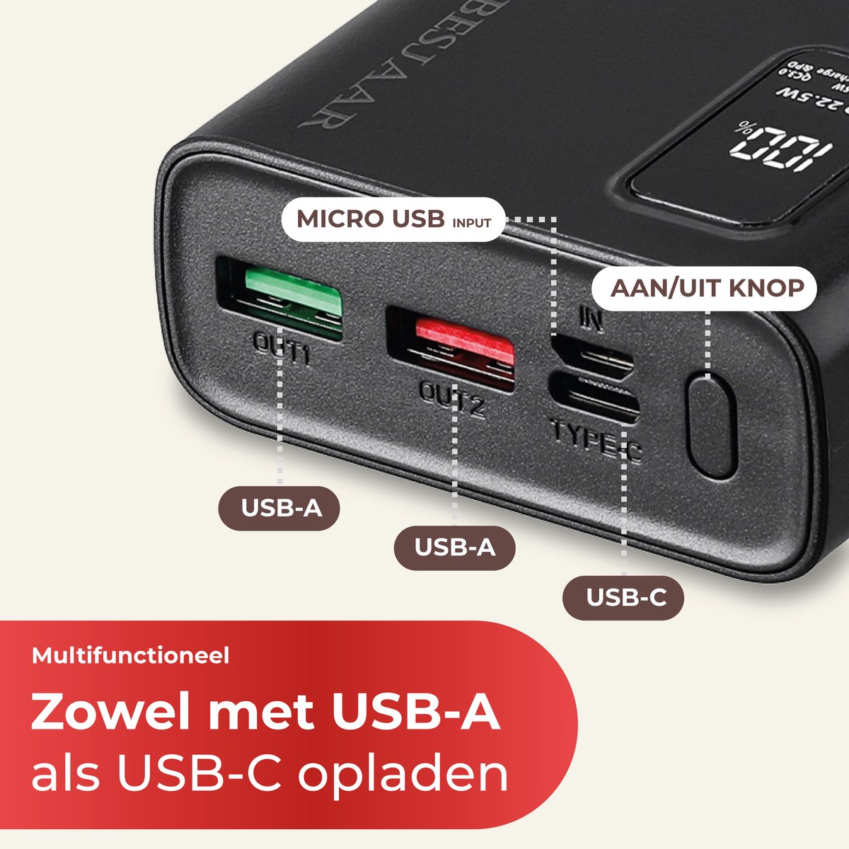 Powerbank 20000 mAh – 22.5W Ultra Snellader - USB-A/USB-C - LED Indicatie - Universele Powerbanks Geschikt voor iOS/Android - Zwart van Besjaar — cadeau in Gadgets - foto 3
