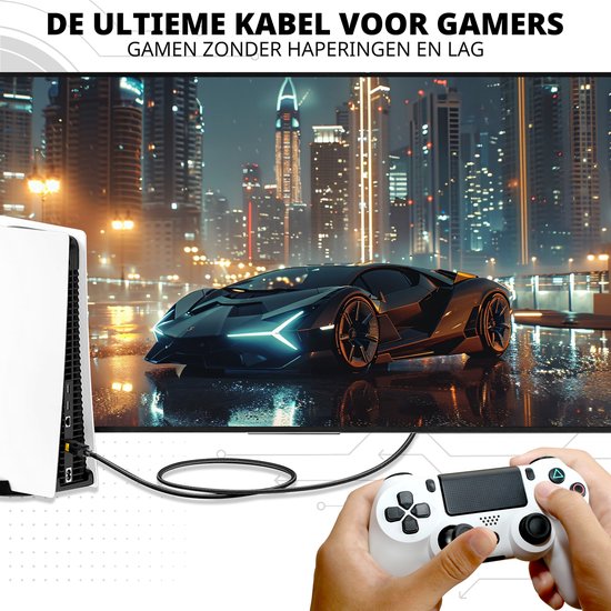 Een Cat 8 netwerkkabel verbindt een spelcomputer met een tv waarop een racegame te zien is.