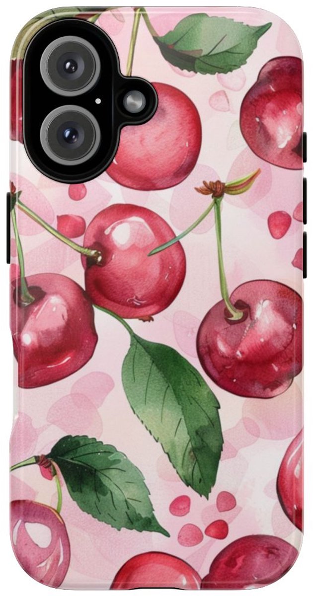Aquarel Kersenpatroon – Glanzend Stevig Telefoonhoesje Geschikt voor iPhone 16