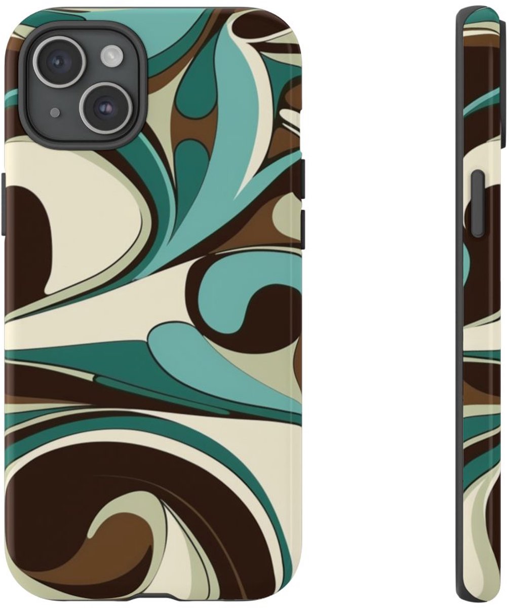 Abstracte Swirl in Teal en Bruin – Telefoonhoesje Geschikt voor iPhone 15 Plus