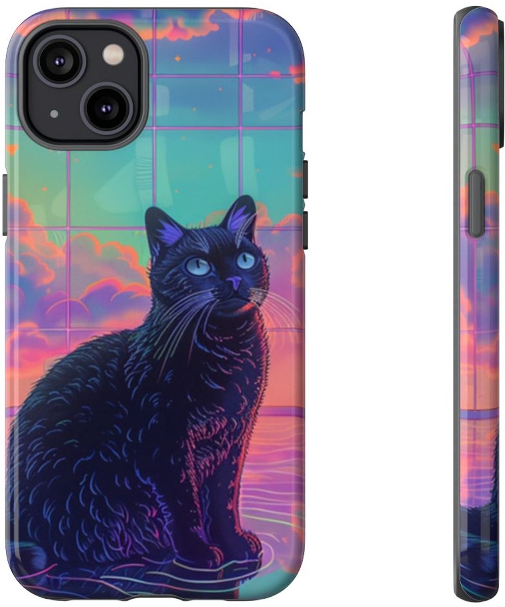 Zwarte Kat met Neonlucht Reflectie – Telefoonhoesje Geschikt voor iPhone 14 Plus