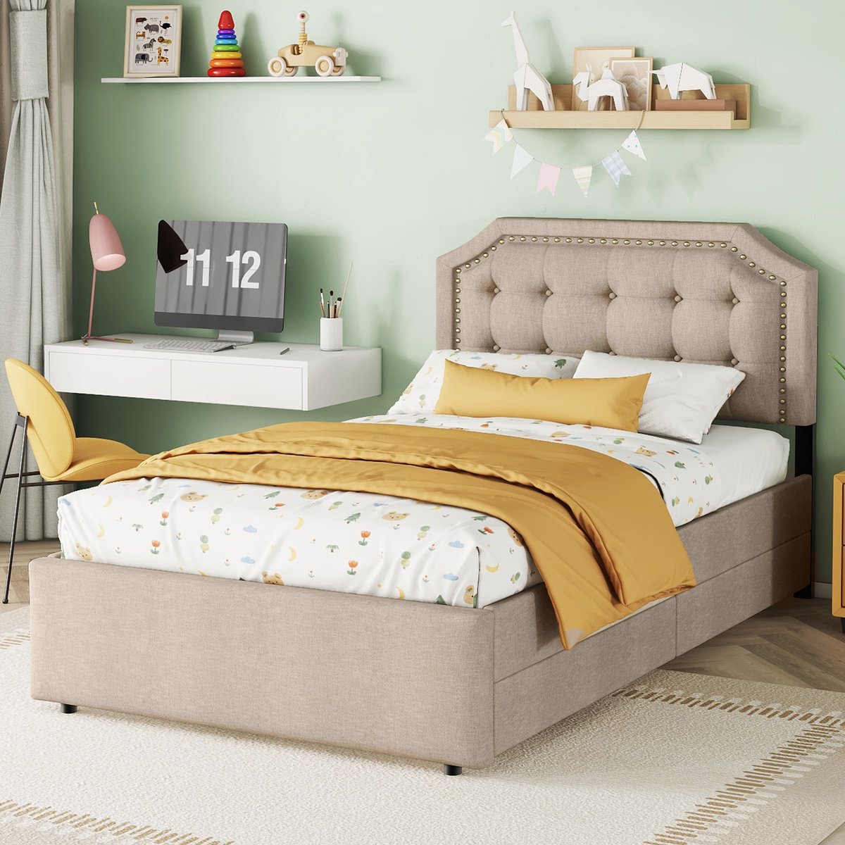 Merax 90 x 200 cm plat bed - gestoffeerd bed - bedbekleding met decoratieve klinknagels - dubbele laden - bruin - zonder matras