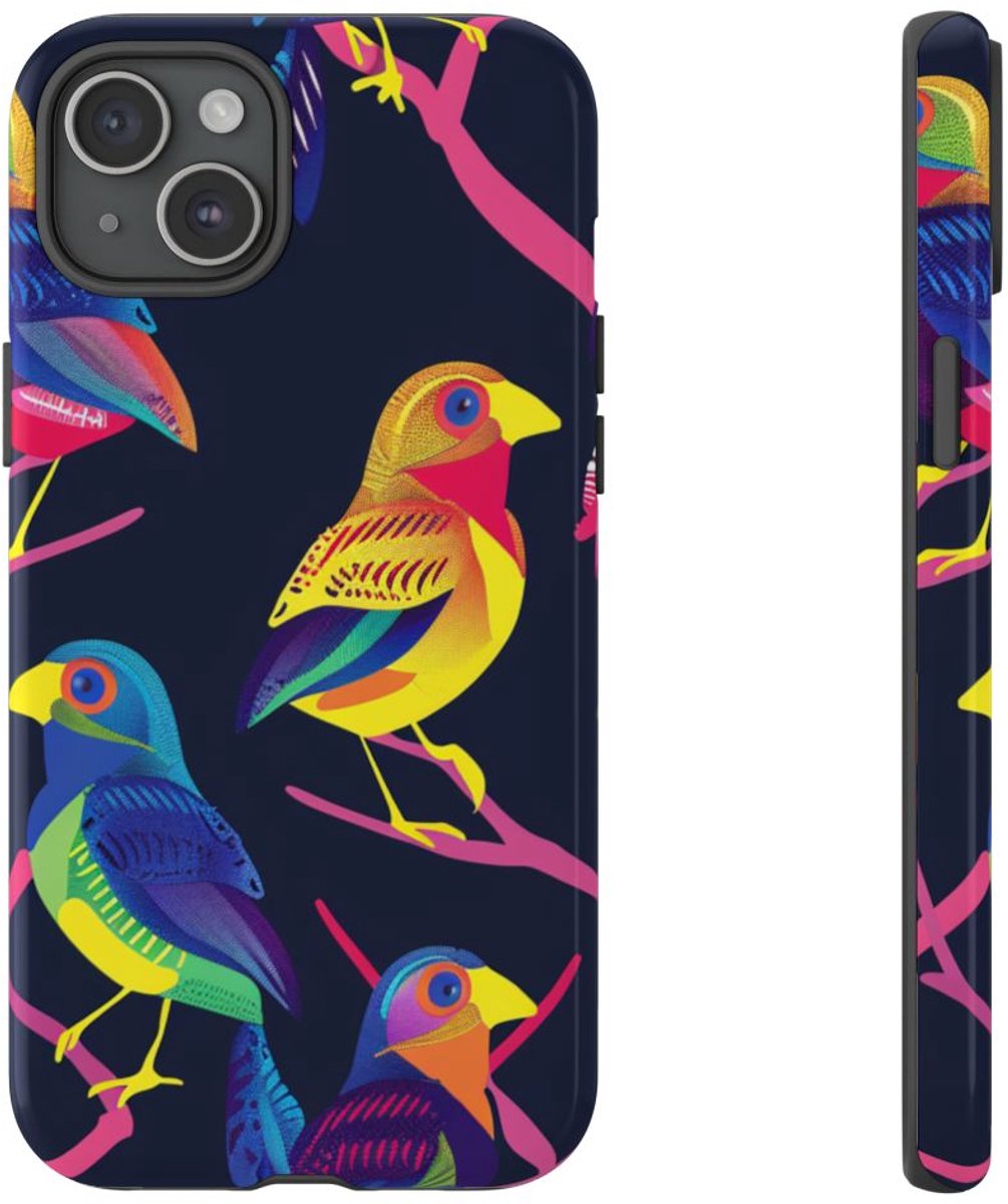 Neonkleurige Vogels op Takken – Telefoonhoesje Geschikt voor iPhone 15 Plus