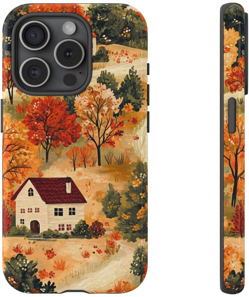 Herfstlandschap met Huizen – Telefoonhoesje Geschikt voor iPhone 15 Pro