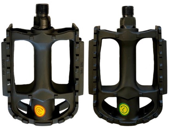 Twee zwarte fietspedalen, merkloos, met L en R aanduiding.