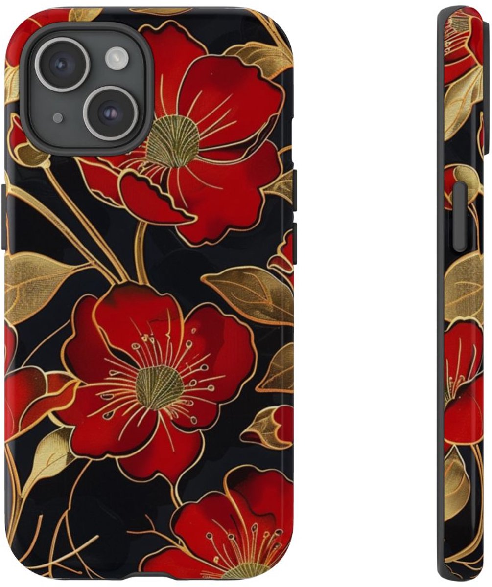 Rood-Gouden Bloemenpatroon – Telefoonhoesje Geschikt voor iPhone 15
