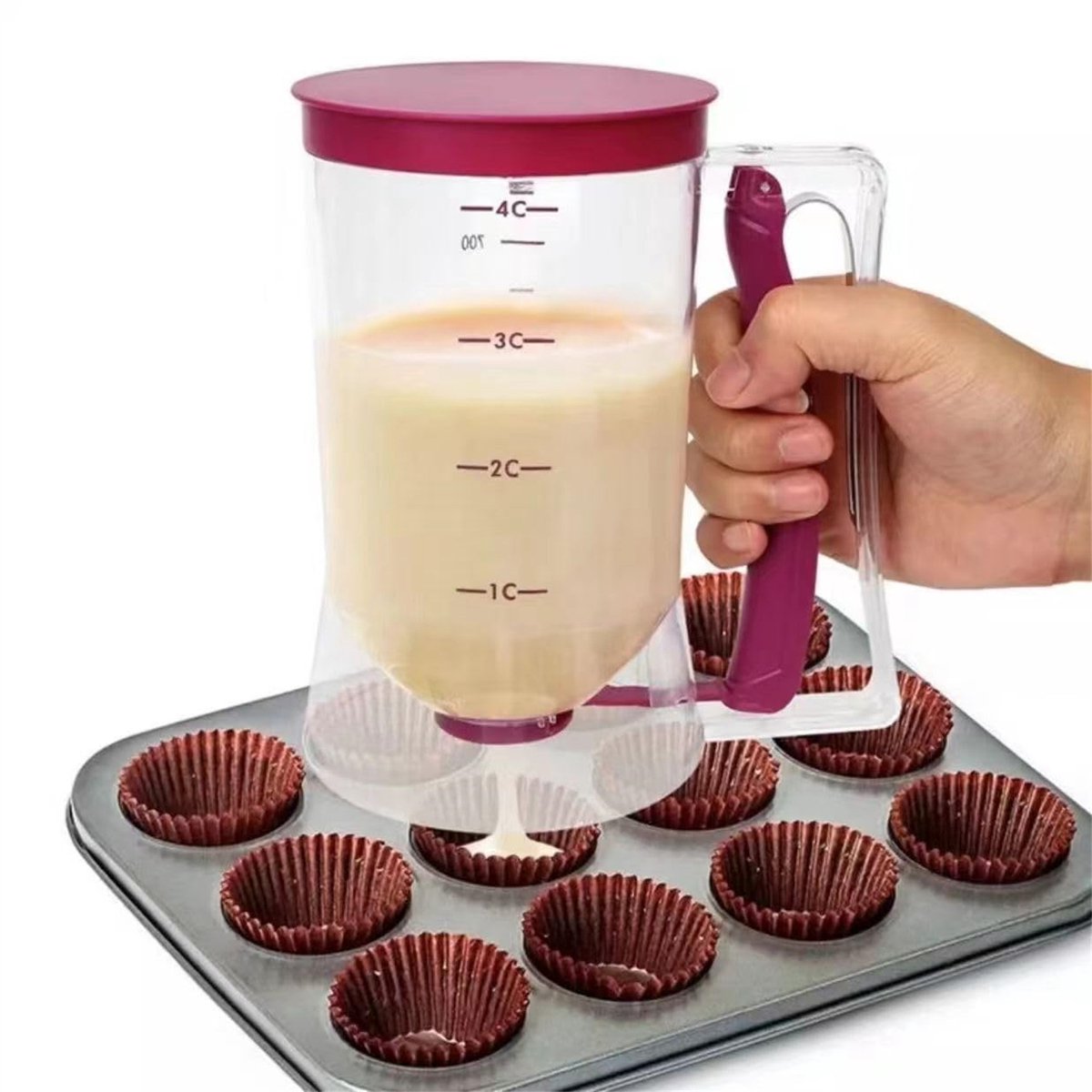 Handmatige Deegdispenser 900ml – Voedselveilige ABS, Nauwkeurige Dosering voor Muffins & Cupcakes – Transparant met Paars – Gemakkelijk & Vlekkeloos Bakken