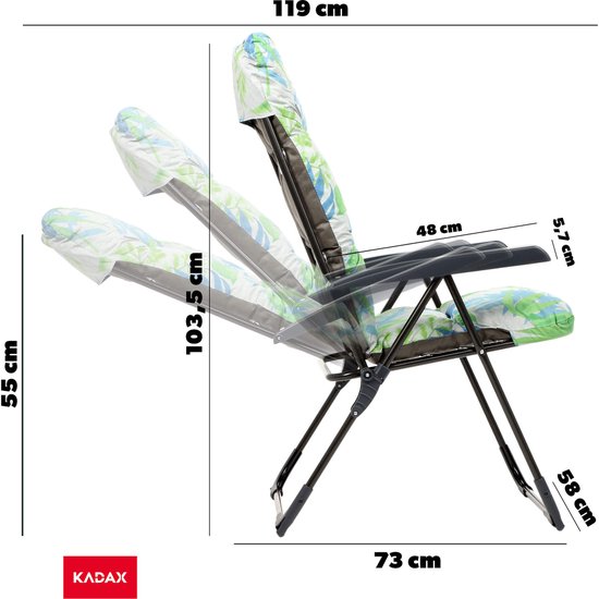 KADAX Tuinstoel met verstelbare rugleuning, relaxstoel van gepoedercoate stalen constructie, klapstoel met draagvermogen tot 110 kg, ligstoel met kussen (S rechthoekig, groen/blauw) van KADAX — afbeelding 2