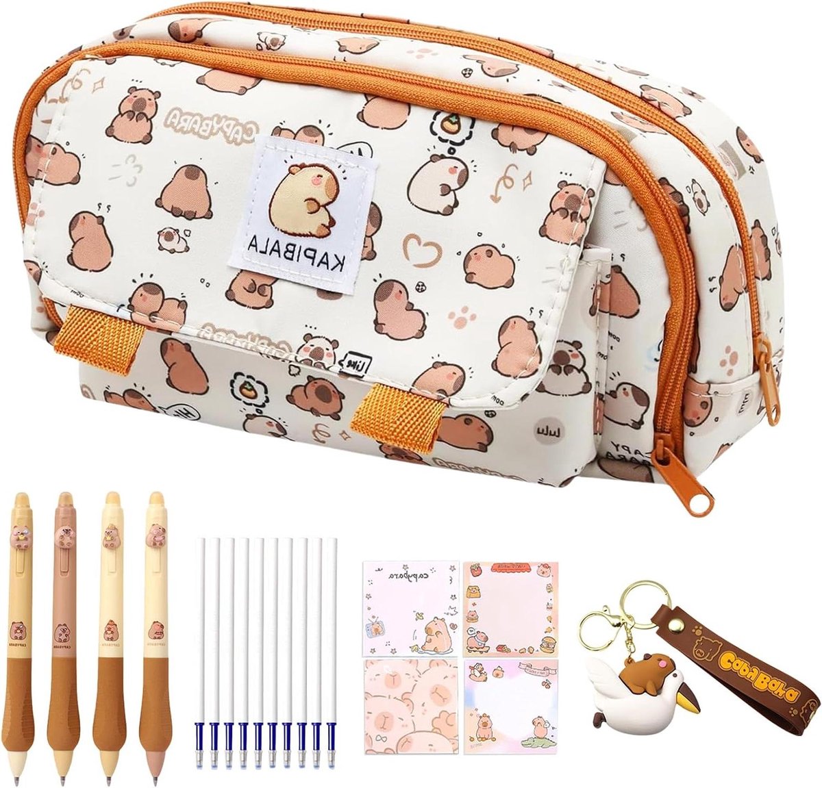 Kawaii Capybara Etui, Pennenzak, Pennen & Sleutelhanger Set voor School - Capybara Spullen
