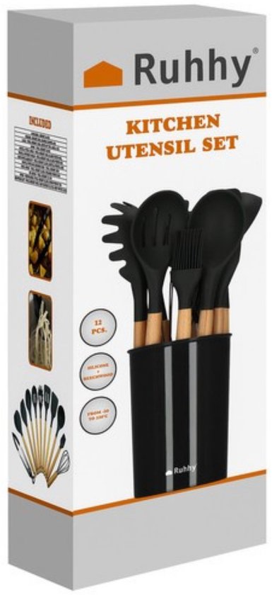 Emballage d'un set d'ustensiles de cuisine Ruhhy de 12 pièces, noir/bois, avec support.