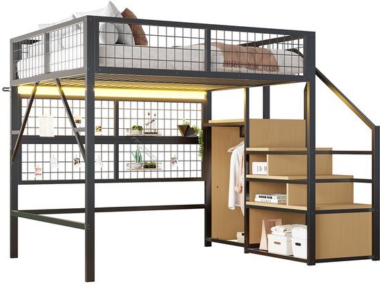 Pugsdrly Lit en fer 140*200 cm Lit mezzanine Convient aux enfants et aux adolescents Structure en métal Design polyvalent Avec échelle de rangement Avec armoire ouverte Bandes lumineuses LED contrôlées par application Zwart
