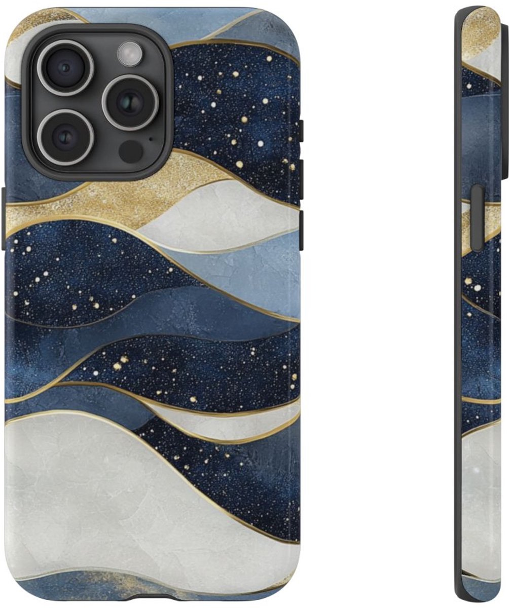 Abstract Blauw-Goud Golvenpatroon – Telefoonhoesje Geschikt voor iPhone 15 Pro Max