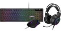 Gaming set met zwart toetsenbord, muis en headset met RGB-verlichting.