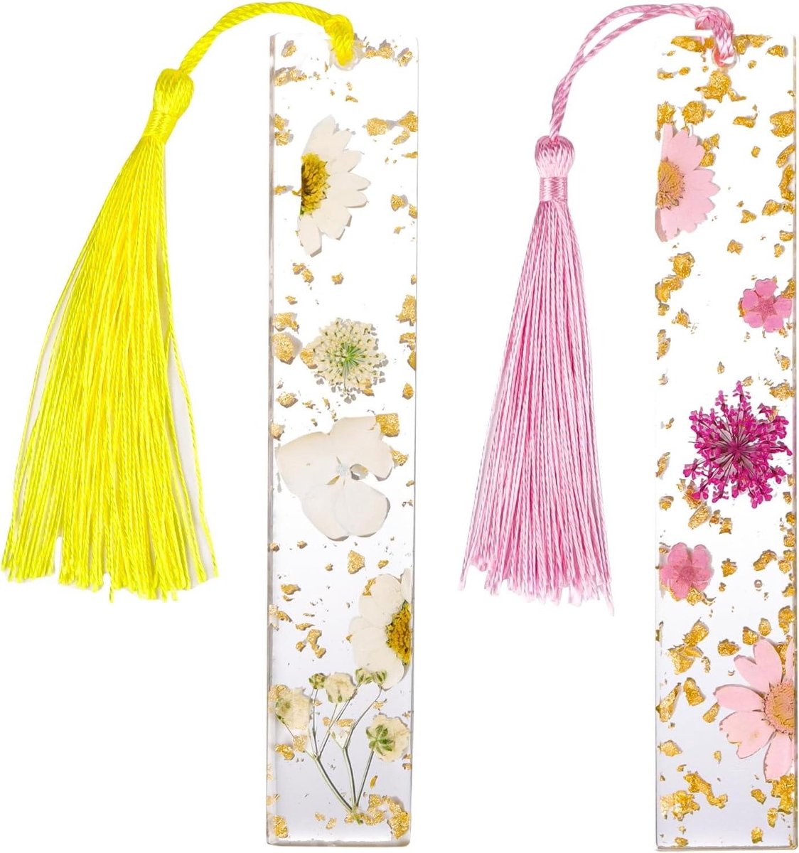 Set van 2 transparante bladwijzers van hars met gedroogde gele en roze bloemen, ideaal als cadeau voor boekenliefhebbers en studenten