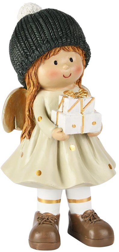 Décoratif | Ange debout avec des cadeaux, crème/or, résine, 11x9x20cm | A255271