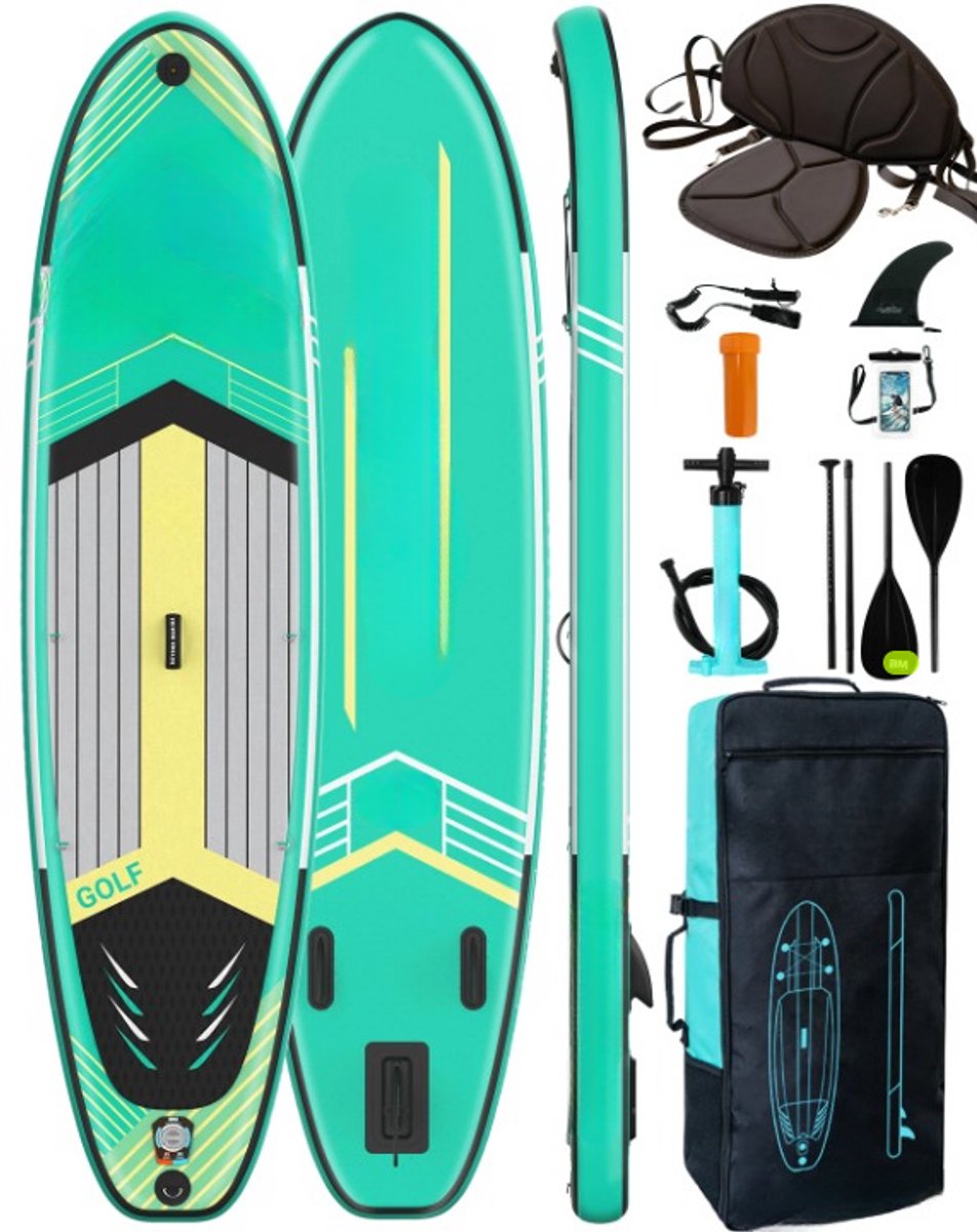 Opblaasbaar Stand Up Paddle Board – SUP Board – Inflatable Paddleboard – Waterboard – Lichtgewicht – Duurzaam PVC – Verstelbaar Peddel En Zitje -Mintgroen