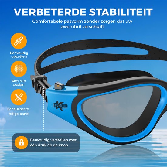 Kyrox zwembril met blauwe en zwarte accenten, anti-slip design en verstelbare band met drukknop.