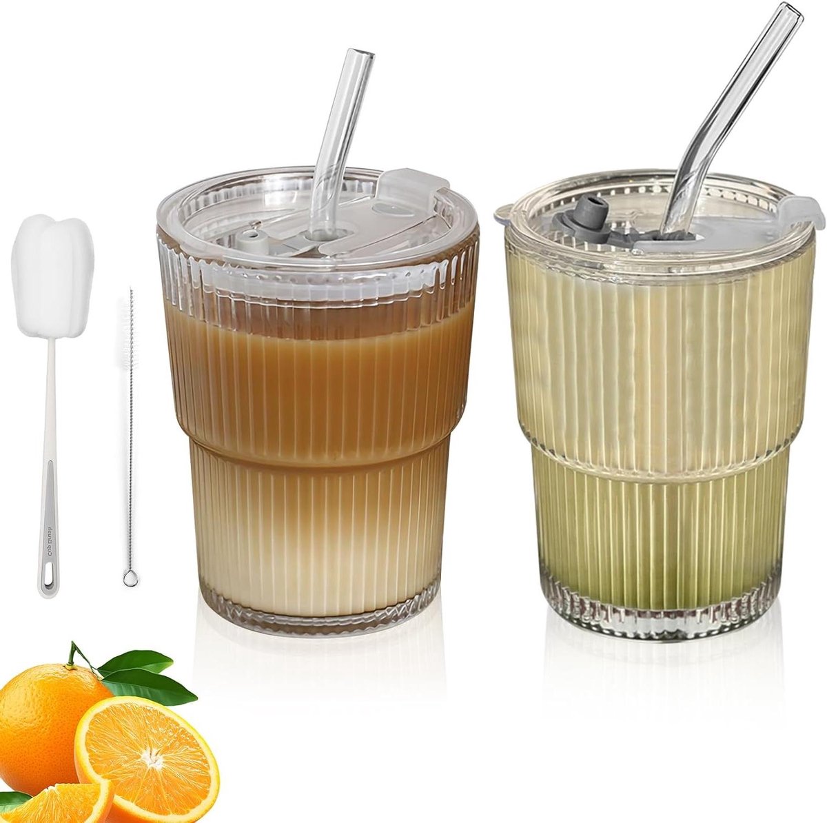 Allecto Plus - Glazen bekers met deksel en rietje 2 stuks - Koffiemokken - Reismok - Smoothiebeker - Geribbelde glazen beker - Luchtdicht waterdicht ontwerp voor thee melk ijskoffie - 400 ml