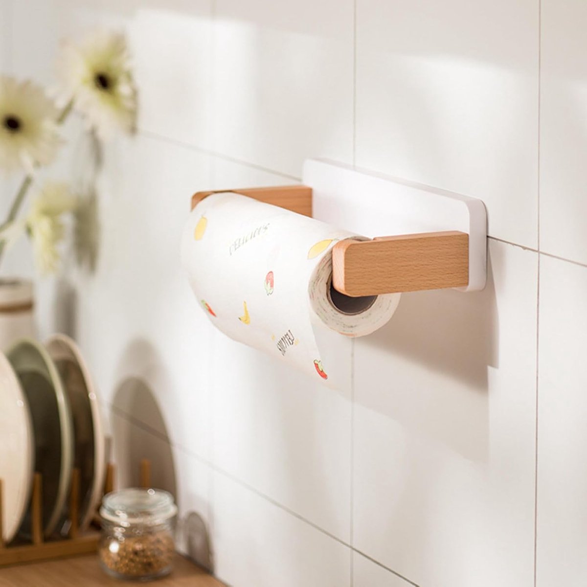 Keukenrolhouder - Zelfklevend - Hangend - Hout - Wit