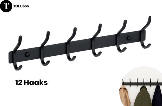 Tolussa 12 Haaks Wandkapstok - 46cm - Muur / Wandkapstok - Hangende Design Muurkapstok - Handdoekrek - RVS - Mat Zwart