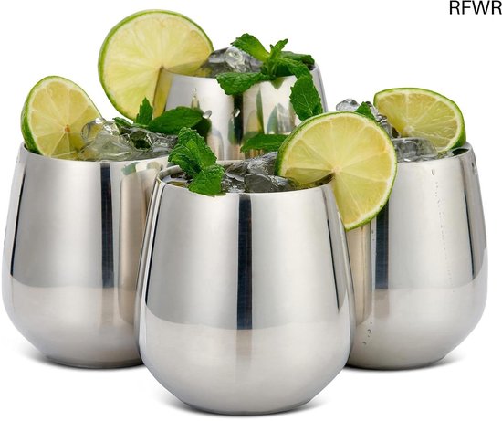 LIBOOI 4-pack roestvrijstalen wijnglas, 500 ml onbreekbaar zilveren bekerglas, geen metaal na smaak, voor thuis keuken eetkamer bar