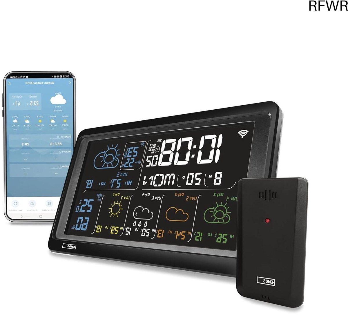 RFWR® Slim WiFi Weerstation met Draadloze Buitensensor en Kleurendisplay - 5 Dagen Weersvoorspelling