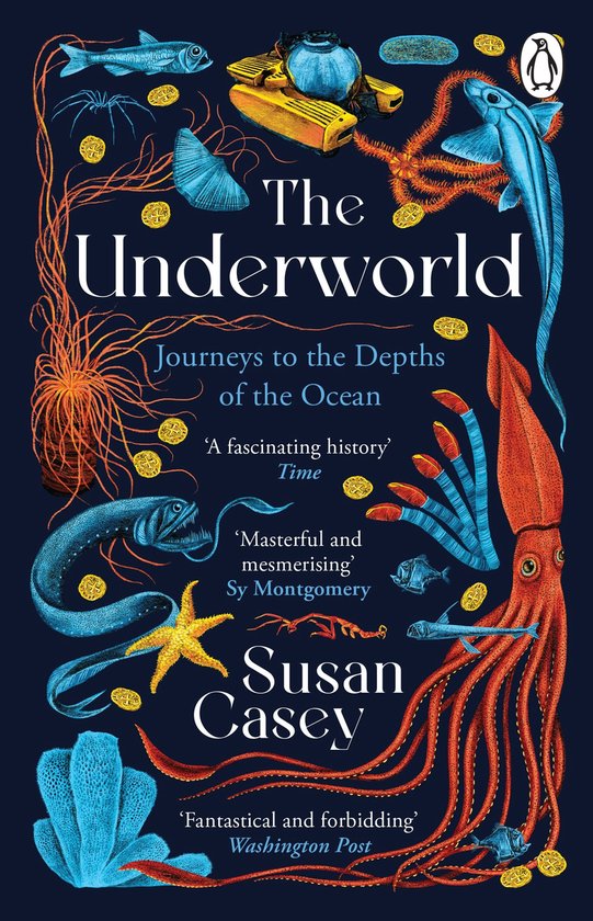 Livre 'The Underworld' avec des illustrations de créatures marines comme une pieuvre et une méduse en orange, bleu et jaune sur fond sombre.