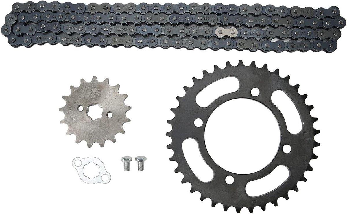 Allecto Plus - Ketting- en tandwielset 420 - 155 mm 37T ketting - 73 mm 17T tandwielset - Geschikt voor 50cc tot 125cc dirt mini-fietsen en ATV - Compatibel met Coolster, Apollo, SSR
