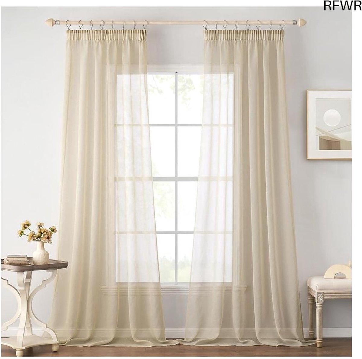 RFWR Transparante Vitrage Gordijnen voor Slaapkamer en Woonkamer - Set van 2 - 140 x 215 cm - Beige