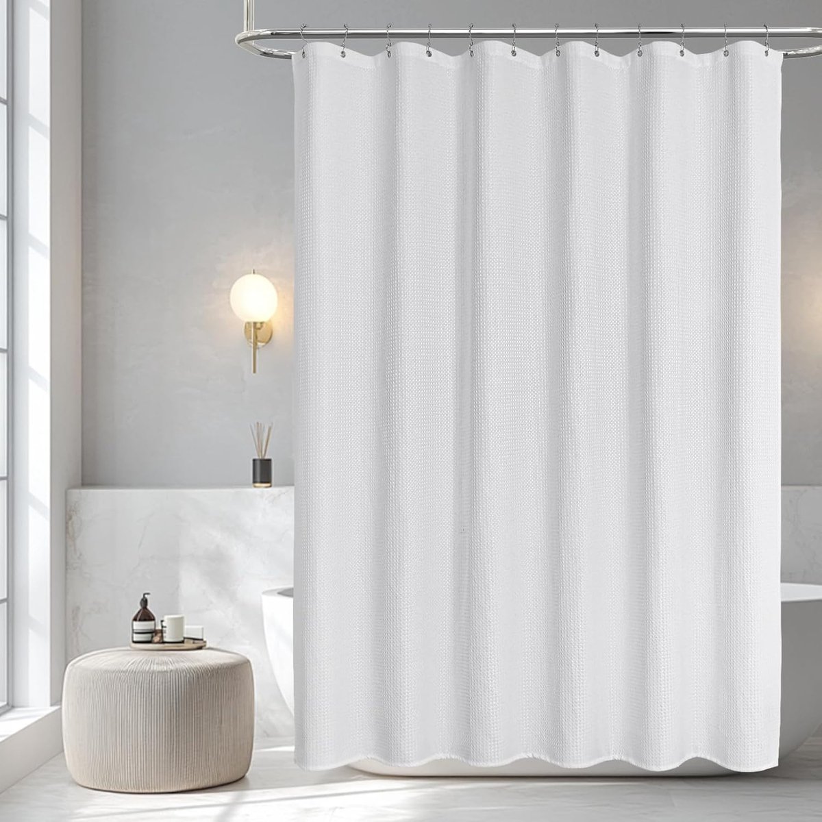 N&Y HOME 150 cm wafelweefsel douchegordijn met inklikbare stoffen voering en 12 metalen haken set - 152,4 cm x 182,9 cm douchecabineformaat, hotelstijl en mesh bovenvenster, machinewasbaar - grijs