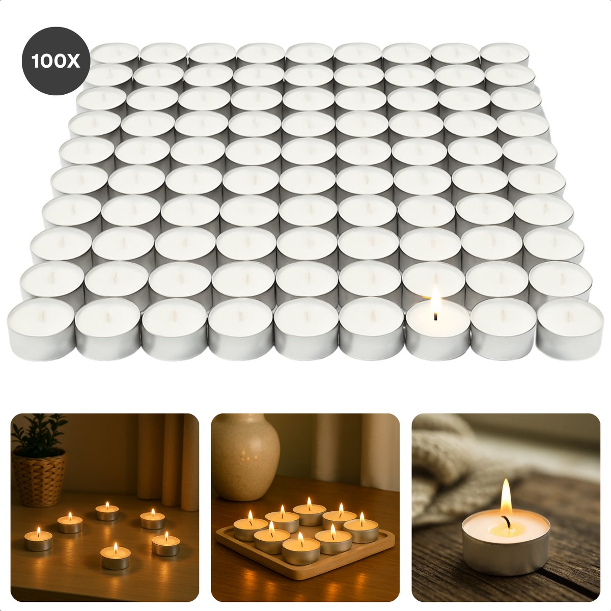 Cheqo® Waxinelichtjes 100 Stuks - Theelichtjes - Kaarsjes - Waxine Lichtjes met Lange Brandtijd - Sfeerverlichting - 4 Uur Brandduur