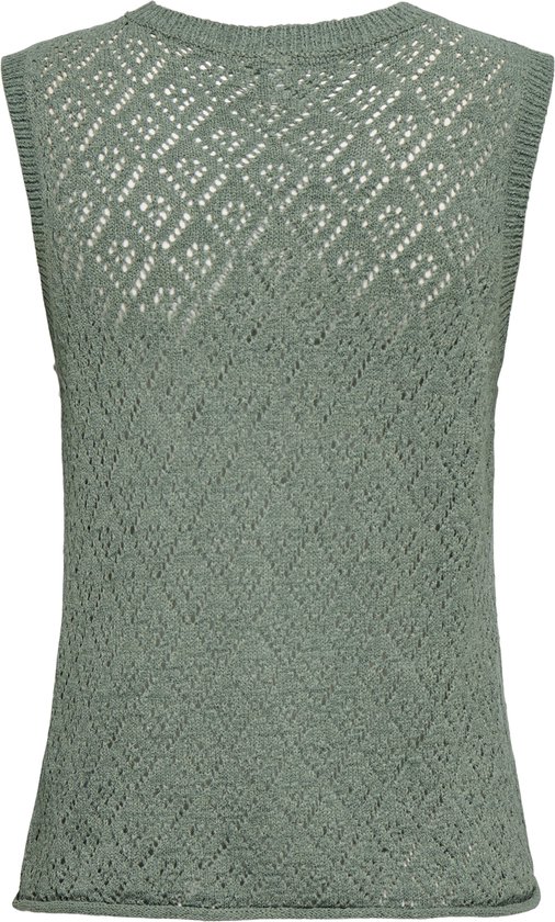 Achterkant groen gebreid vest met open patroon en ronde hals.