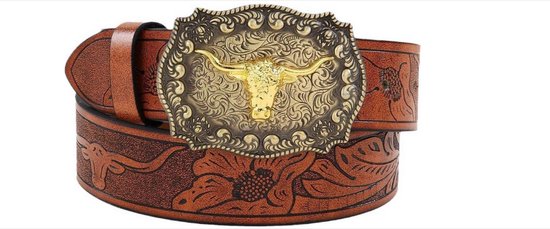 WNHB® Cowboy Riem met Longhorn Gesp - Western Stijl Herenriem - Goudkleurig - One Size - Gegraveerd Leer