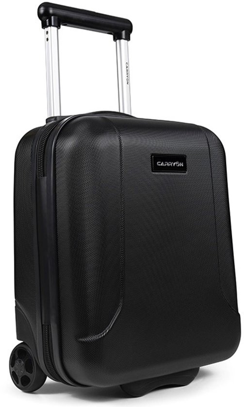 Zwarte CarryOn Skyhopper onderstoel koffer met reliëfpatroon en uittrekbare handgreep.