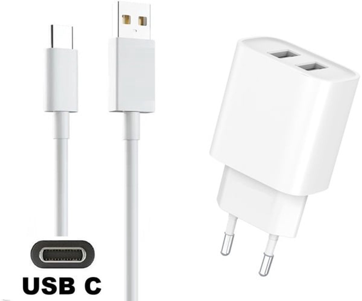 OneOne 2.4A lader met 2 poorten + 0,25m standaard USB C kabel. Oplader adapter past op LG K30, K41S, K42, K50S, K51S, K52, K61, K62, K71, Velvet 5G, Wing 5G, W30 Pro, W41, W42+, W41 Pro