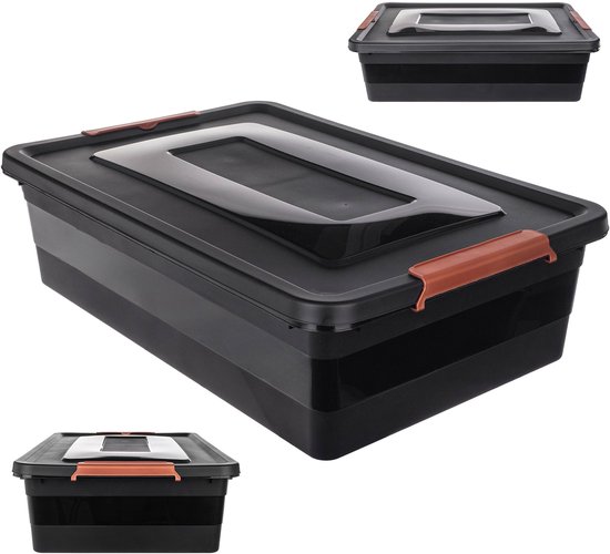 KADAX Opbergdoos met deksel, speelgoedkist, robuuste plastic container van kunststof, opbergbox met kliksluiting, opbergdoos (zwart, 55 l