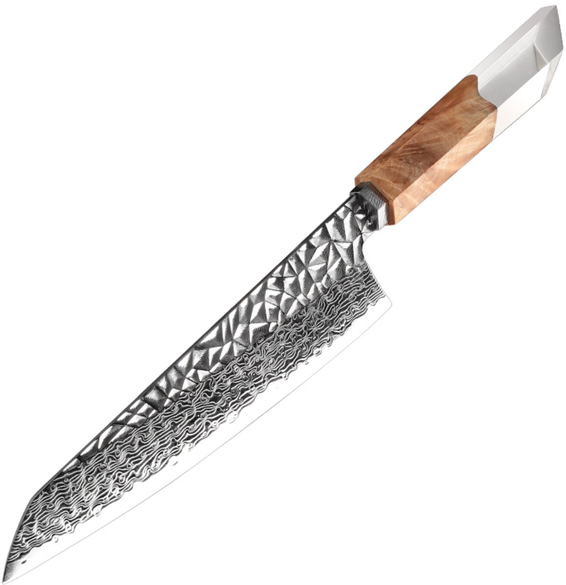 Dastium Home - 67-Laags Damascus Staal Koksmes 20CM - Damaststaal Keukenmes met Hamerpatroon - Japans Mes van Echt Damascus Staal - Met Ergonomisch Hout en Wit Harsen Handvat - Inclusief Schede