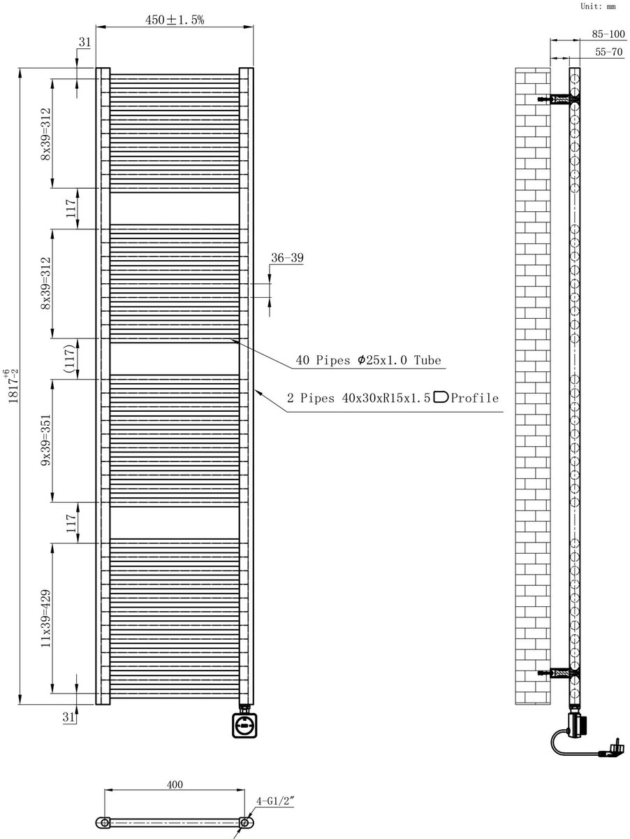 AquaVik Elektrische Radiator Värme Smart WiFi 181,7x45cm Snö Wit