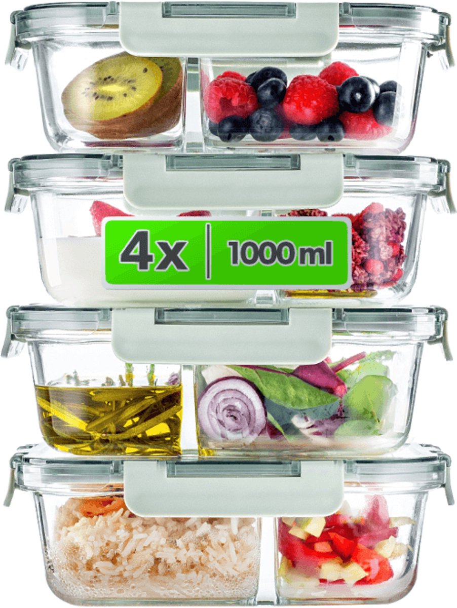 Glazen voedselcontainer met 2 compartimenten en deksel Roatta 1L 4 st.