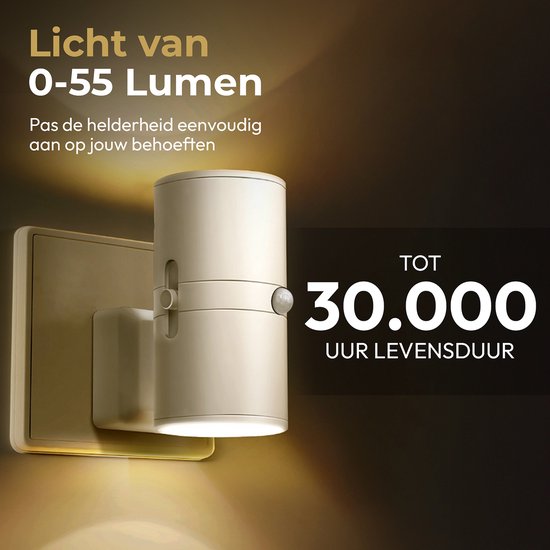 Wit nachtlampje met instelbare helderheid van 0-55 lumen en 30.000 uur levensduur.