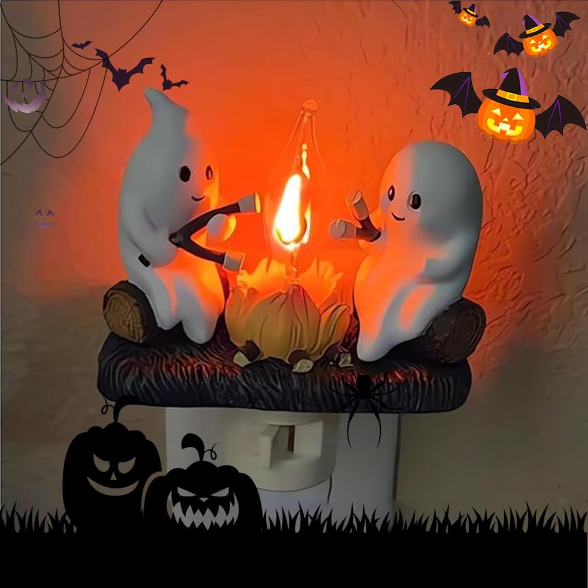 Ibenzoa® Nachtlampje met Flikkerend Kampvuur Ontwerp voor Halloween Sfeer in Huis of Kinderkamer