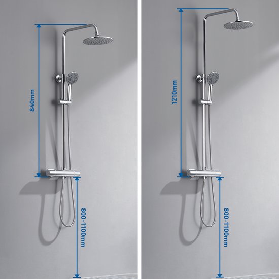 Chromen douchekolom met thermostaatkraan, douchekop en handdouche in twee hoogtes (840 mm en 1210 mm).