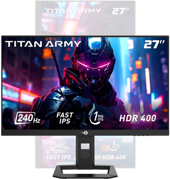TITAN ARMY P2710S gamingmonitor, 27 inch 2560*1440 16:9 Fast IPS LCD-scherm, 240 Hz verversingssnelheid, 1 ms GTG, HDR 400, Adaptive-Sync, Dynamic OD, gamemodus en 10 scenariomodi, PBP- en PIP-split-screenmodus, draaibare standaard, wandmontage