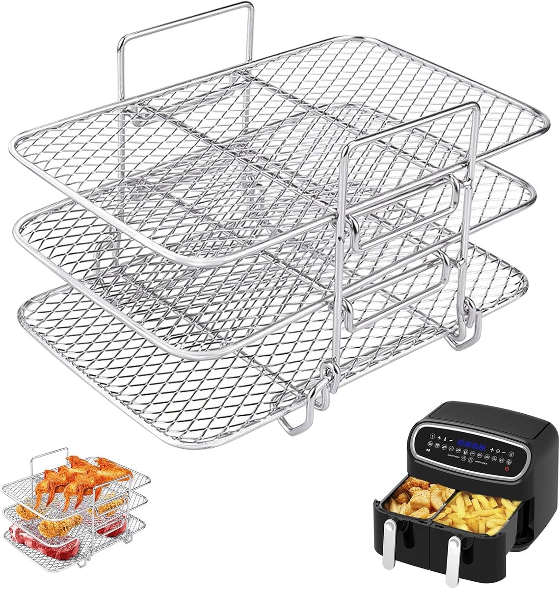 Geschikt voor Airfryer-rekken- Airfryer-accessoires 3 rekken- Airfryer-rek met dubbele mand 304 roestvrij staal keukenaccessoires voor airfryer- geschikt voor airfryers met dubbele mand (19-3 * 12-3 * 11-5 cm)