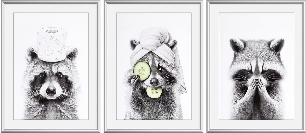 Ibenzoa Humoristische Wandschilderij voor Badkamerdecoratie - Zwart-Wit Wasbeer Poster, A4 Formaat