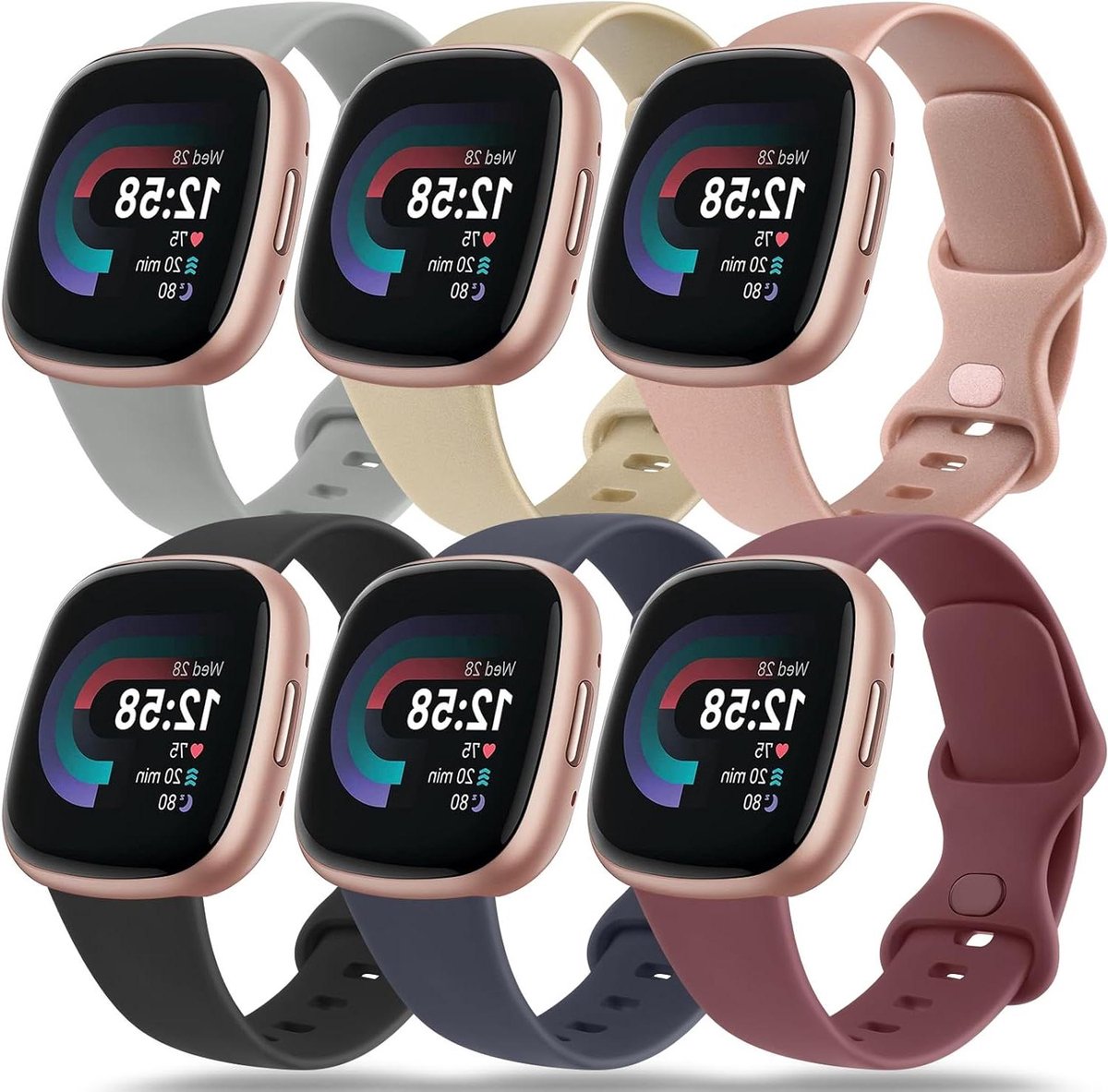 Allecto Plus - Set van 6 zachte siliconen sportreserve armbanden voor Fitbit Versa 3, Versa 4 en Sense - Dames en heren - Large maat