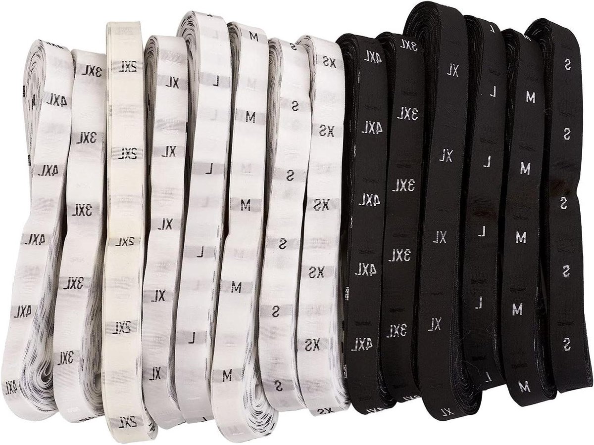 Inovra Plus - Geborduurde Maatlabels voor Kleding - XS/S/M/L/XL/XXL/3XL/4XL - Naailabels - T-shirt en Jas - Set van 14 Rollen